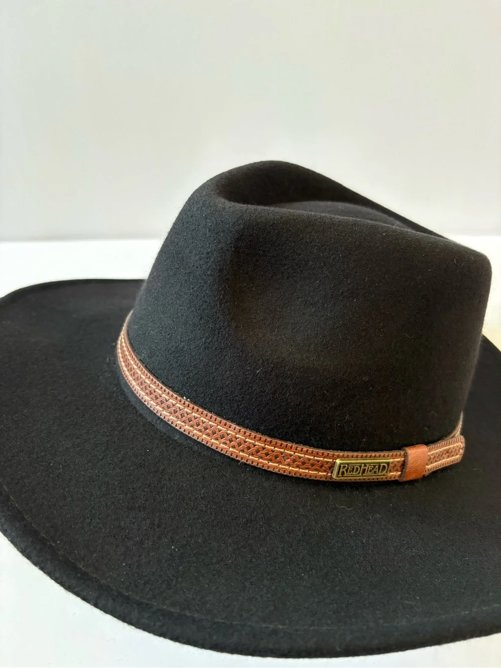 Redhead Wool Felt Fedora Outback Hat Black M Western Band Ranch Cowboy Teardrop